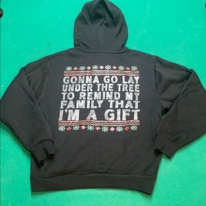 Black Graphic Hoodie with Festive Design NWOT